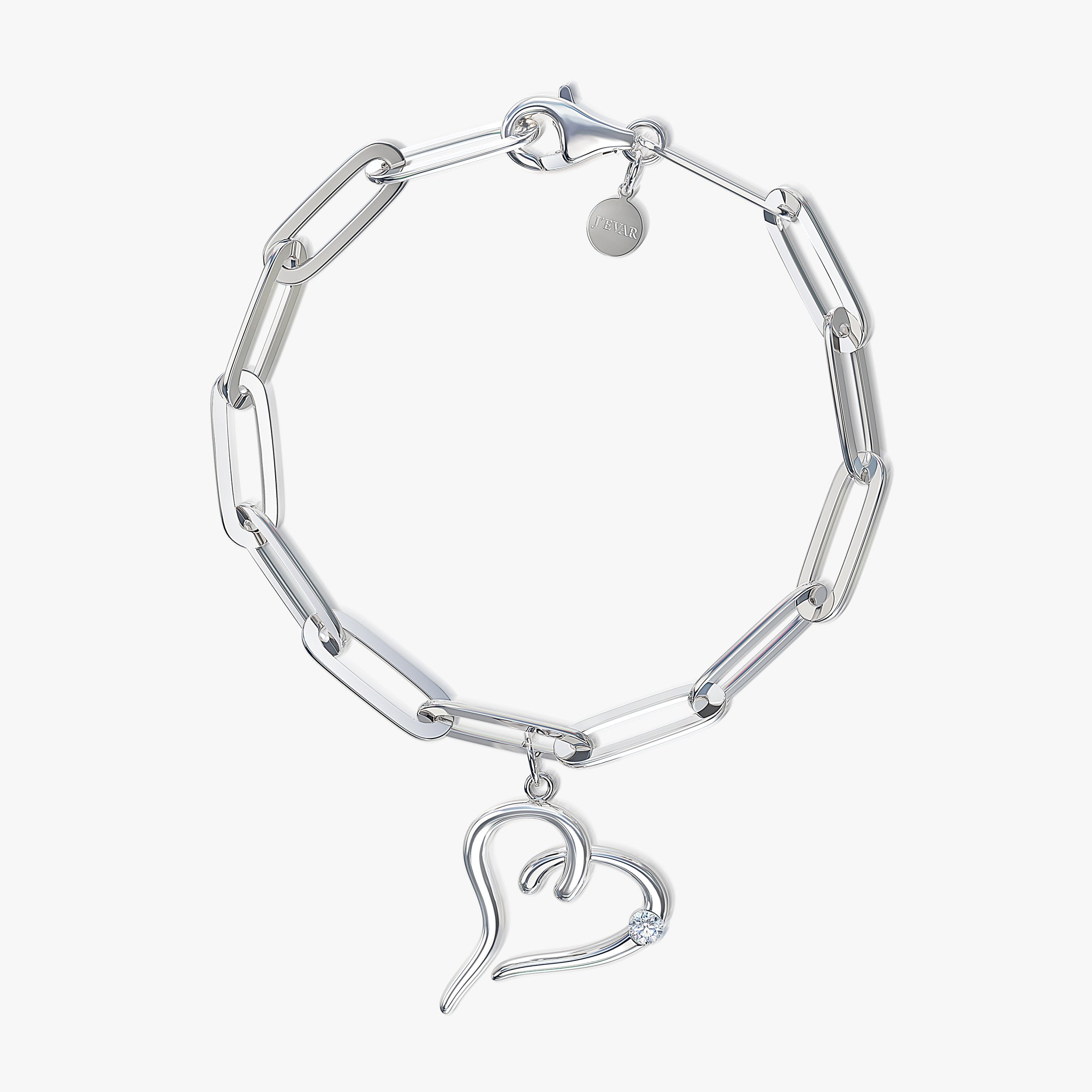 J'EVAR Sterling Silver Bold Heart Paperclip ALTR Lab Grown Diamond Bracelet Top View | 0.14 CT