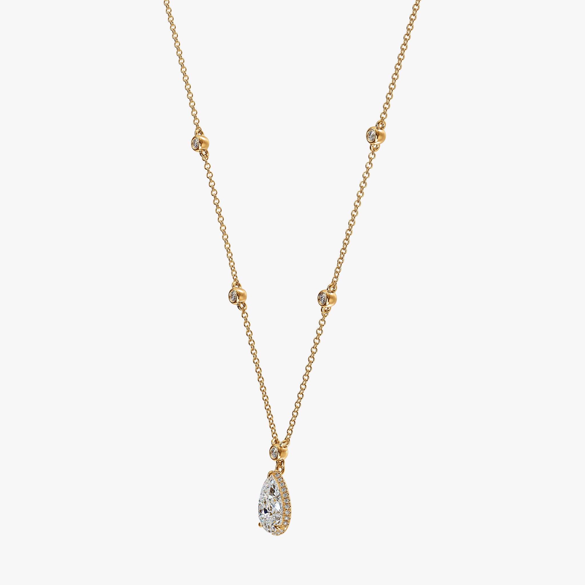 J'EVAR 18KT Yellow Gold By the Yard Invisible Halo ALTR Lab Grown Pear Diamond Necklace Lock View