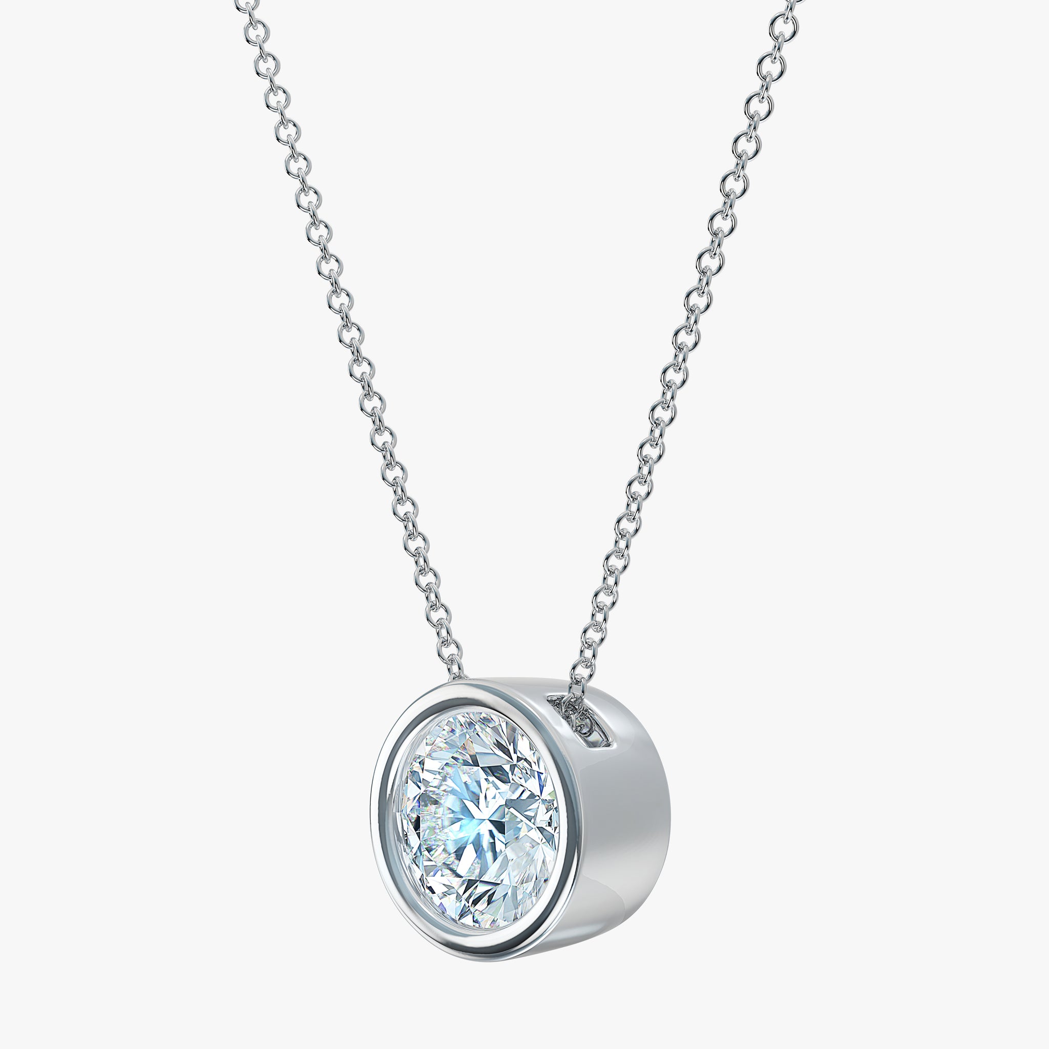 J'EVAR 14KT White Gold Solitaire Diamond Necklace ALTR Lab Grown Bezel Solitaire Diamond Necklace Side Perpective View