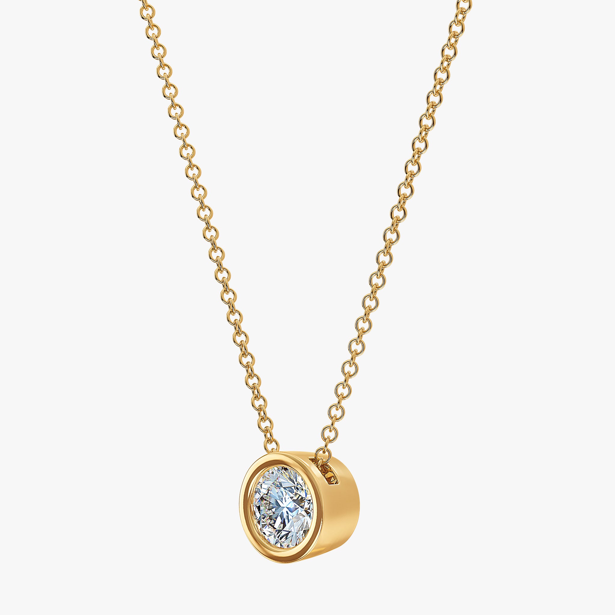 J'EVAR 14kt Yellow Gold Solitaire Diamond Necklace ALTR Lab Grown Bezel Solitaire Diamond Necklace Side Perpective View