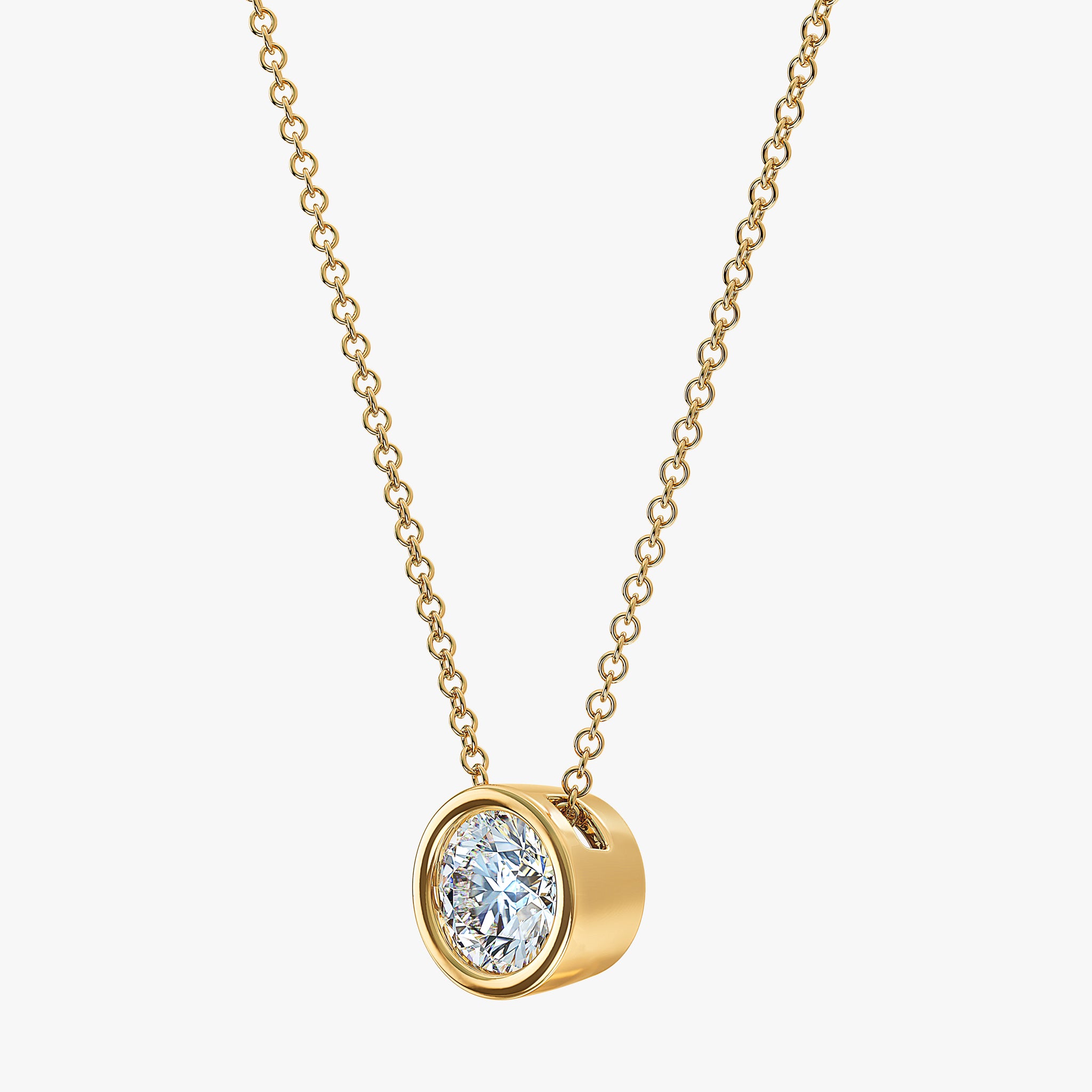 J'EVAR 14kt Yellow Gold Solitaire Diamond Necklace ALTR Lab Grown Bezel Solitaire Diamond Necklace Side Perpective View