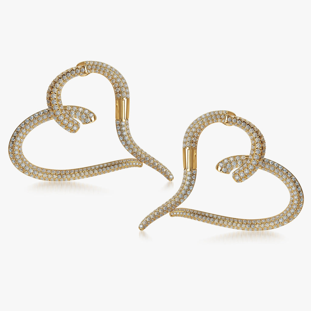 J'EVAR 18KT Yellow Gold Pave Heart ALTR Lab Grown Diamond Earrings Front View | 7.70 CT