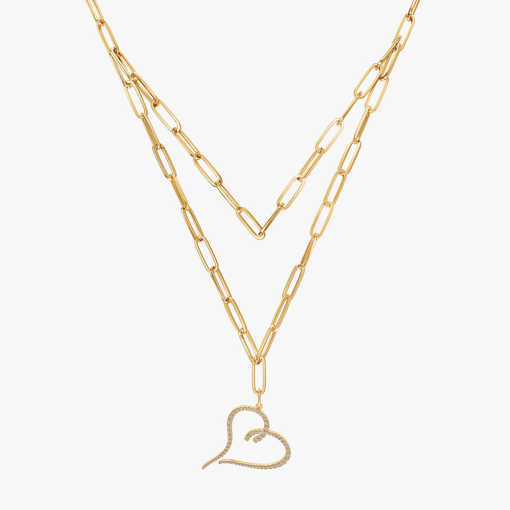 J'EVAR 14KT Yellow Gold Two Row Paperclip Heart ALTR Lab Grown Diamond Necklace Front View | 1.00 CT