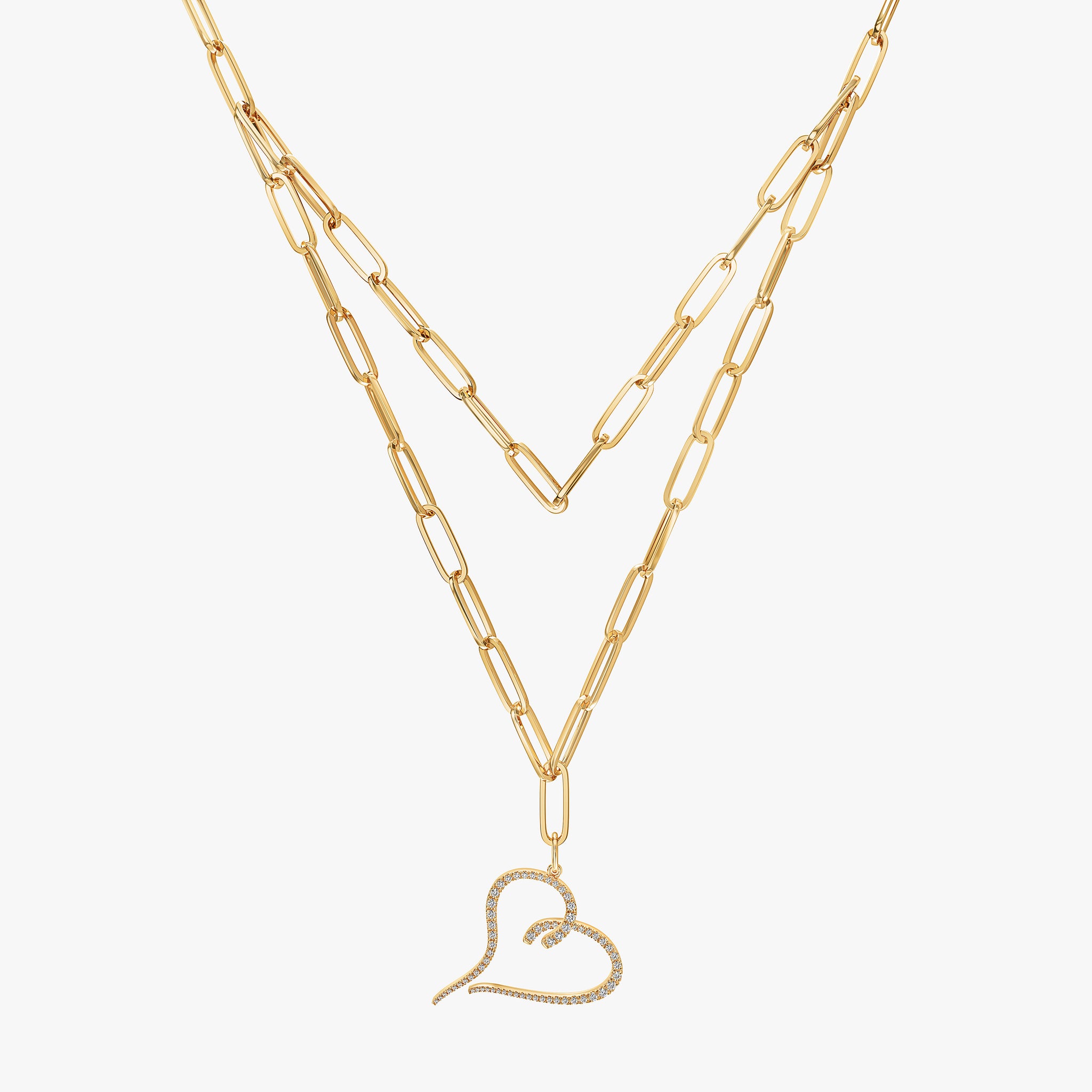 J'EVAR 14KT Yellow Gold Two Row Paperclip Heart ALTR Lab Grown Diamond Necklace Front View