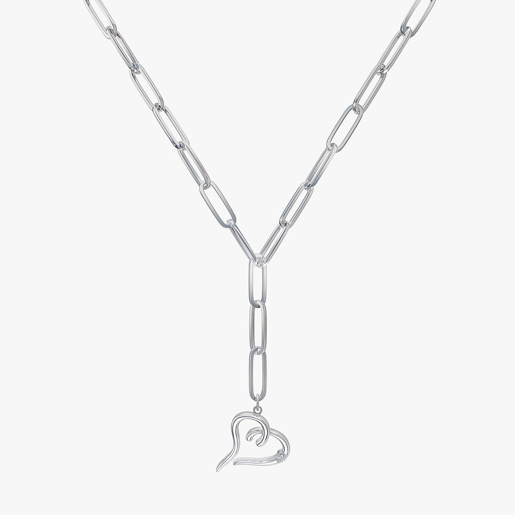 J'EVAR 14KT White Gold Paperclip Lariat Heart Lab Grown Diamond Necklace Front View | 0.15 CT