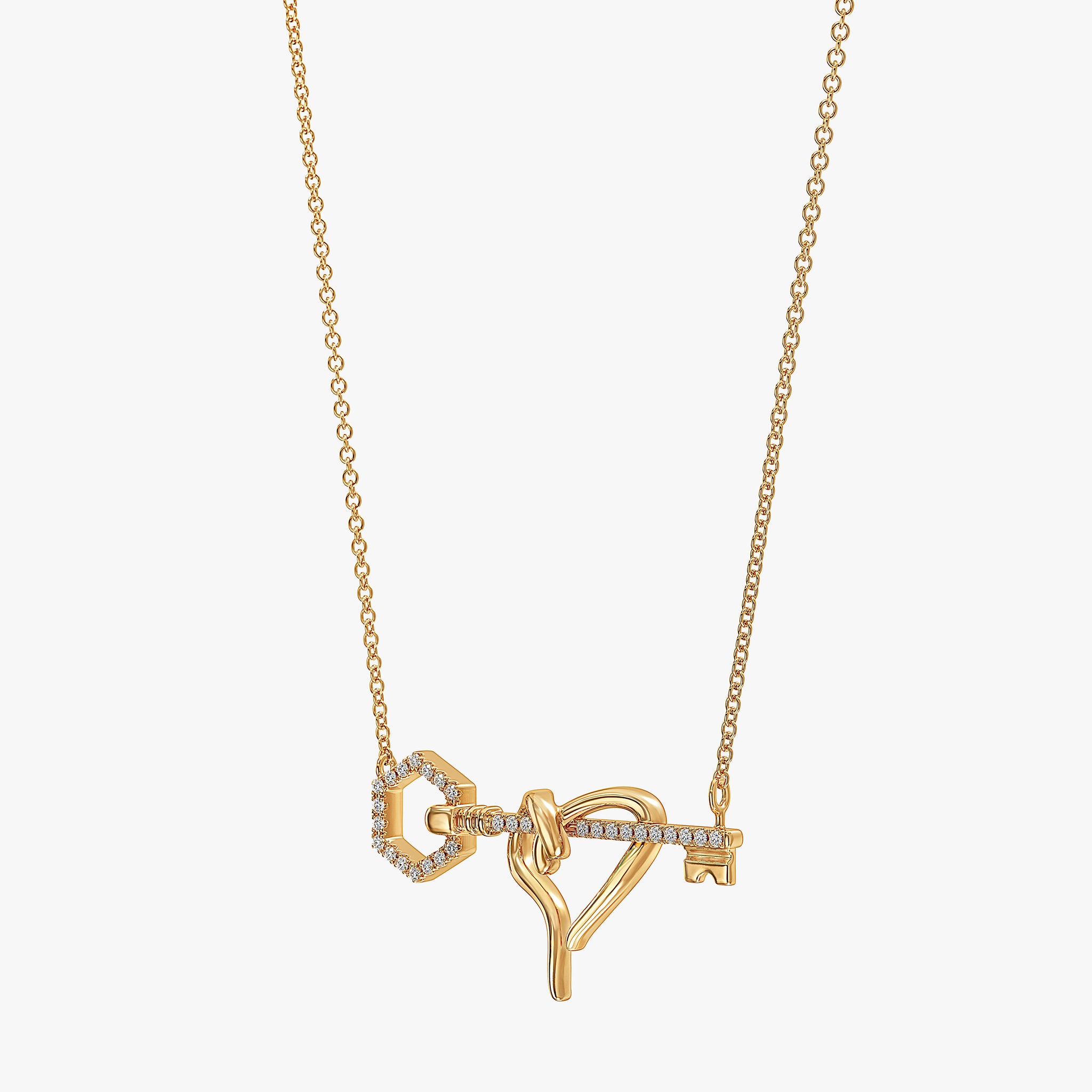 J'EVAR 14KT Yellow Gold Heart & Hexagon Key ALTR Lab Grown Diamond Necklace Perspective View