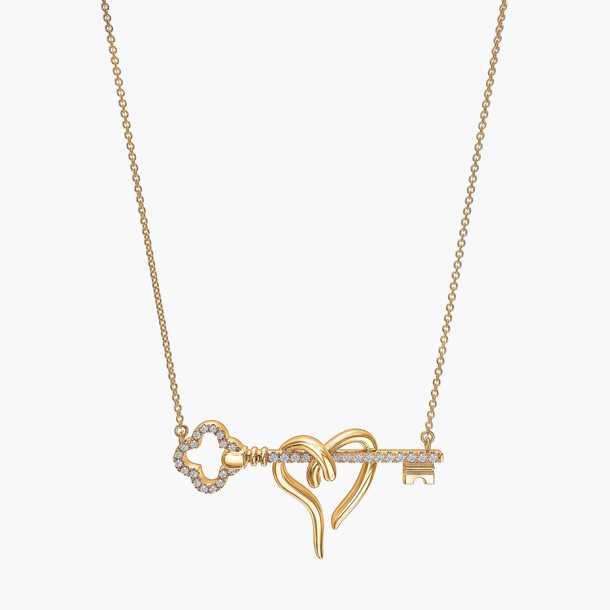 J'EVAR 14KT Yellow Gold Clover Heart & Key ALTR Lab Grown Diamond Necklace Front View