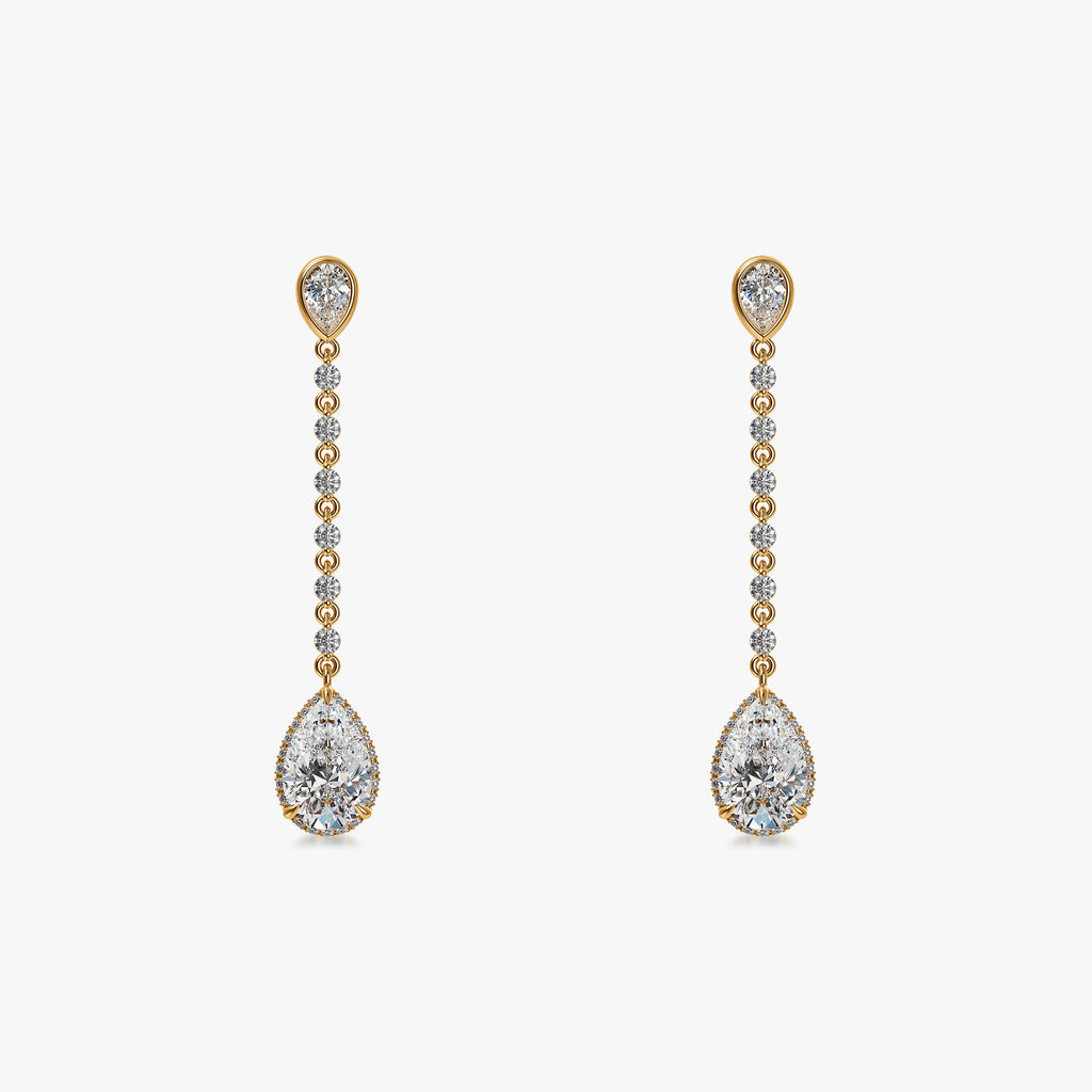 J'EVAR 18KT Yellow Gold Invisible Halo ALTR Lab Grown Pear Diamond Dangle Earrings Front View | 2.60 CT