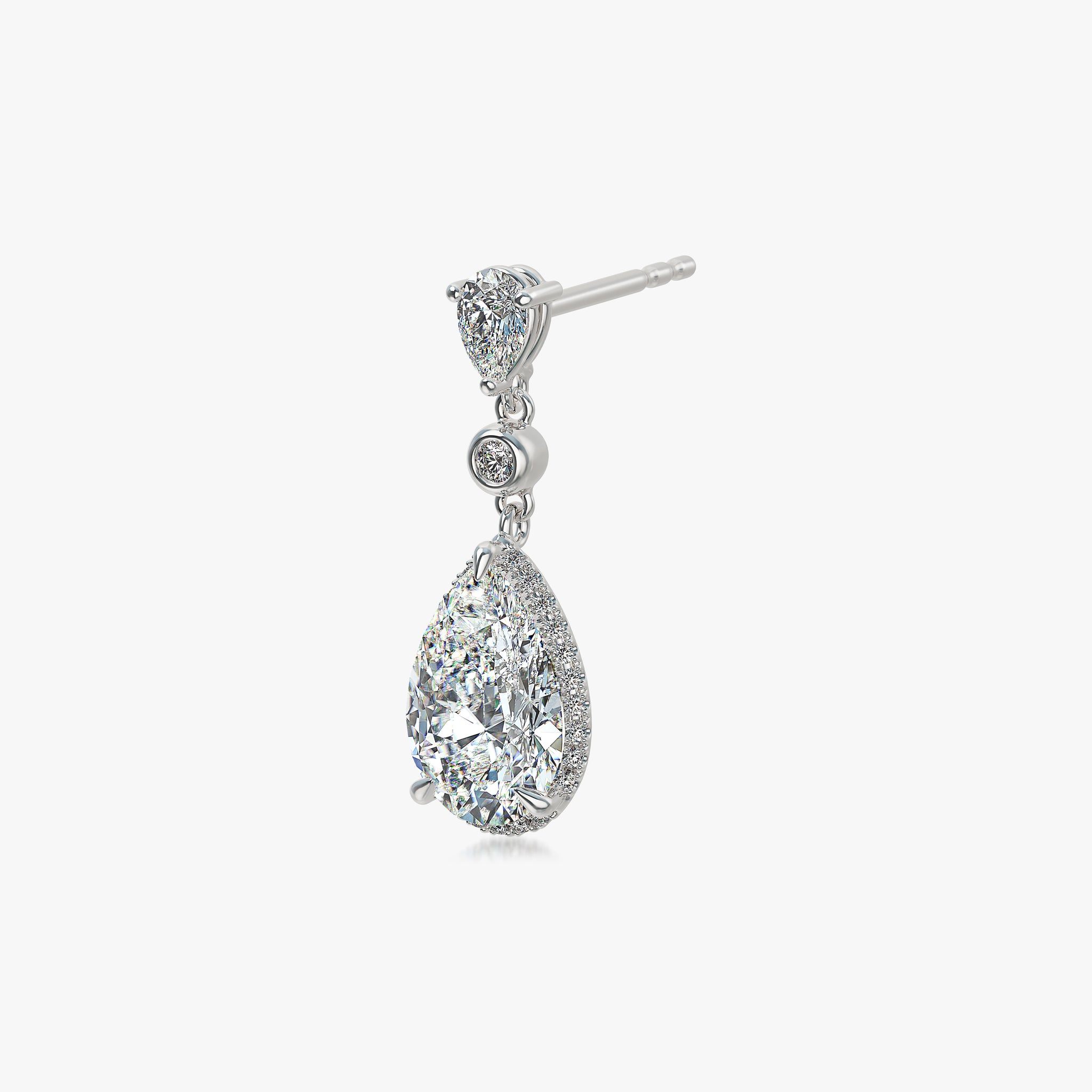 J'EVAR 18KT White Gold Invisible Halo ALTR Lab Grown Pear Diamond Drop Earrings Side Perspective View |3.46 CT