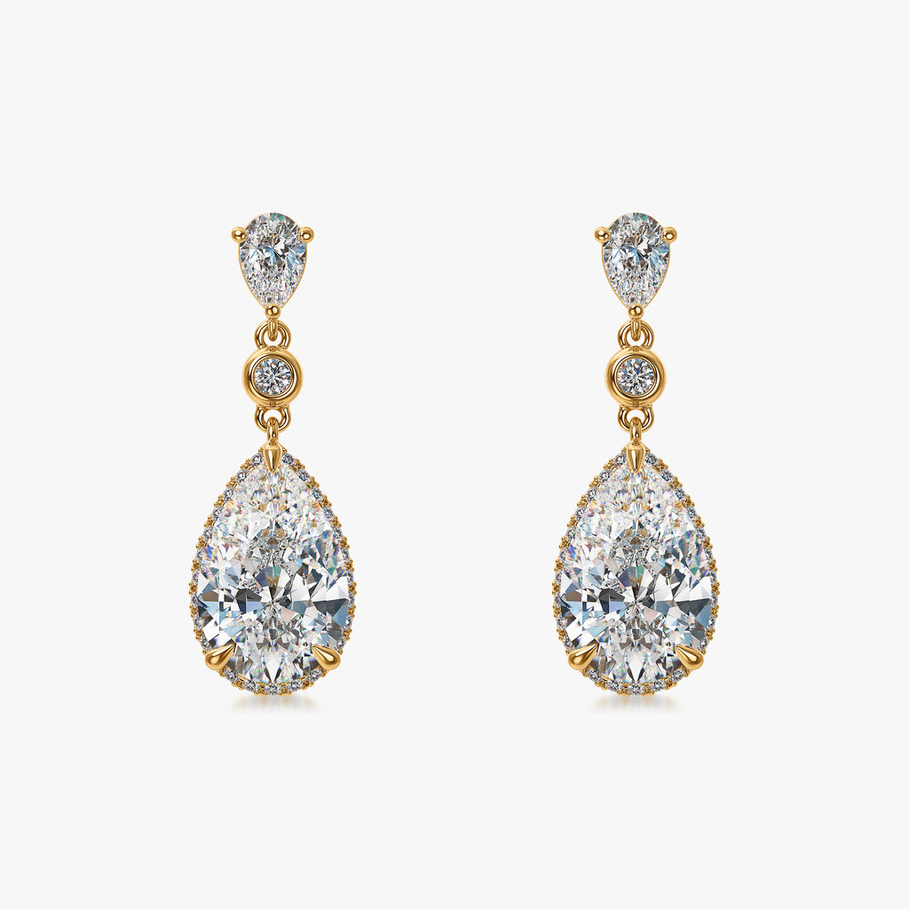 J'EVAR 18KT Yellow Gold Invisible Halo ALTR Lab Grown Pear Diamond Drop Earrings Front View | 3.46 CT