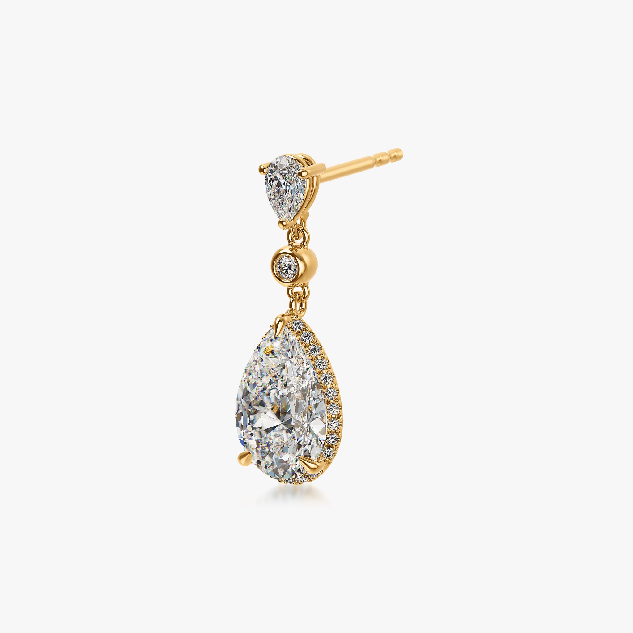 J'EVAR 18KT Yellow Gold Invisible Halo ALTR Lab Grown Pear Diamond Drop Earrings Side Perspective View