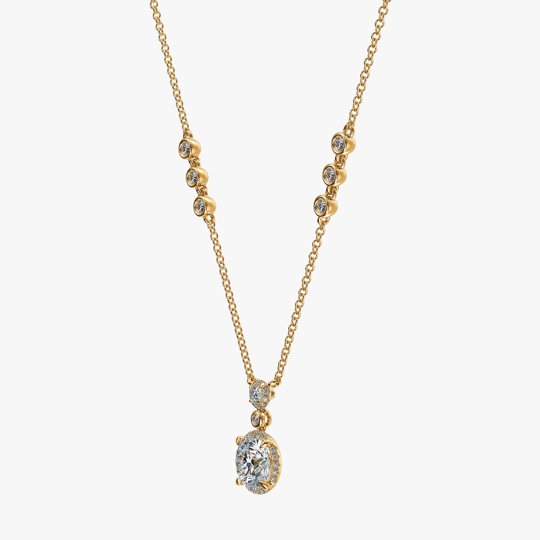 J'EVAR 18KT Yellow Gold By the Yard Micro Pave Invisible Halo ALTR Lab Grown Diamond Necklace Side Perspective View