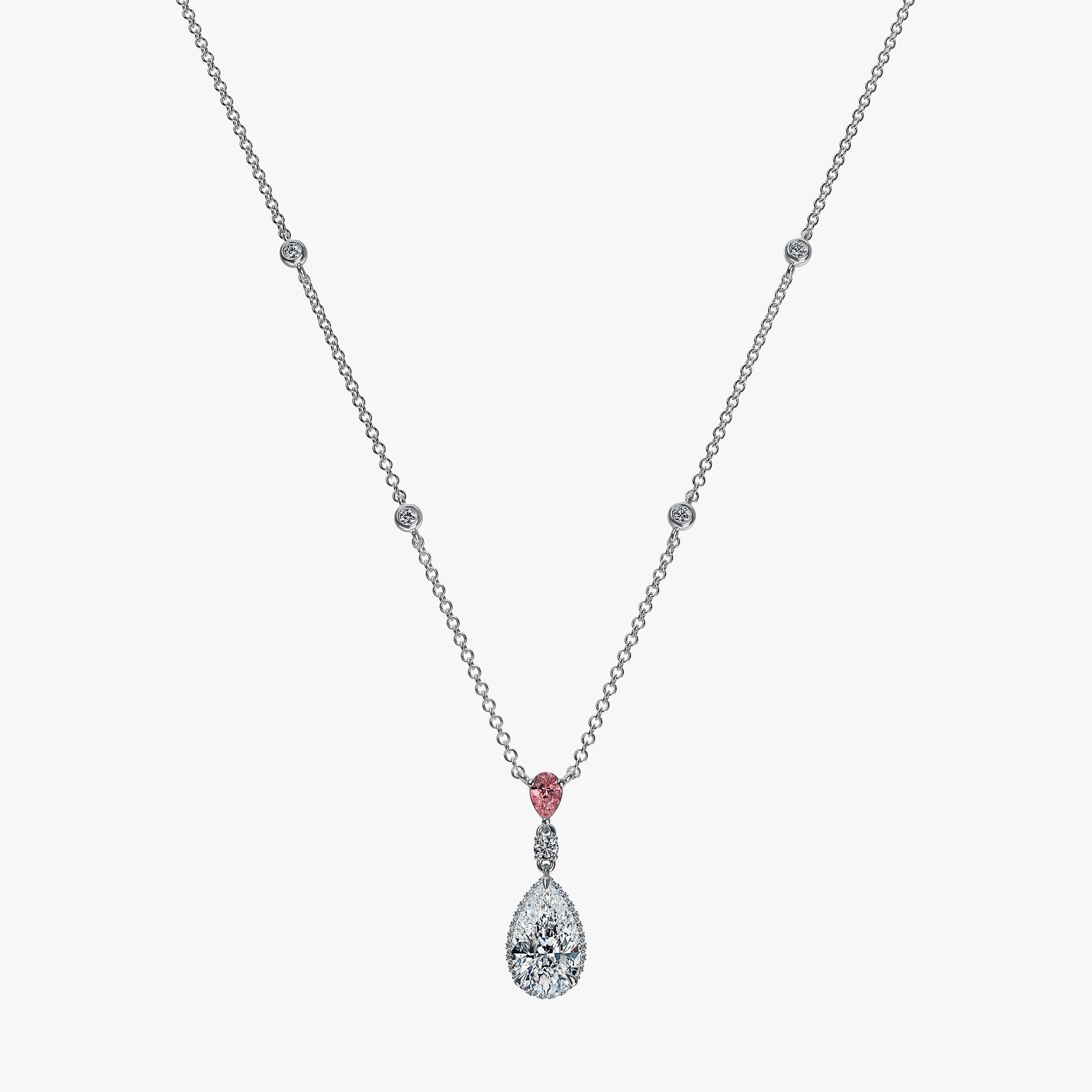 J'EVAR 18KT White Gold By the Yard Invisible Halo ALTR Lab Grown Pink Pear Diamond Necklace Front View