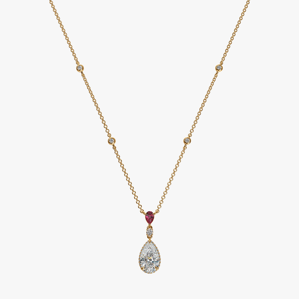 J'EVAR 18KT Yellow Gold By the Yard Invisible Halo ALTR Lab Grown Pink Pear Diamond Necklace Front View | 1.80 CT