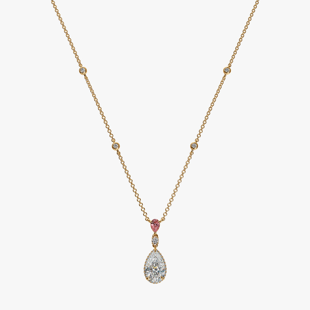 J'EVAR 18KT Yellow Gold By the Yard Invisible Halo ALTR Lab Grown Pink Pear Diamond Necklace Front View | 1.80 CT
