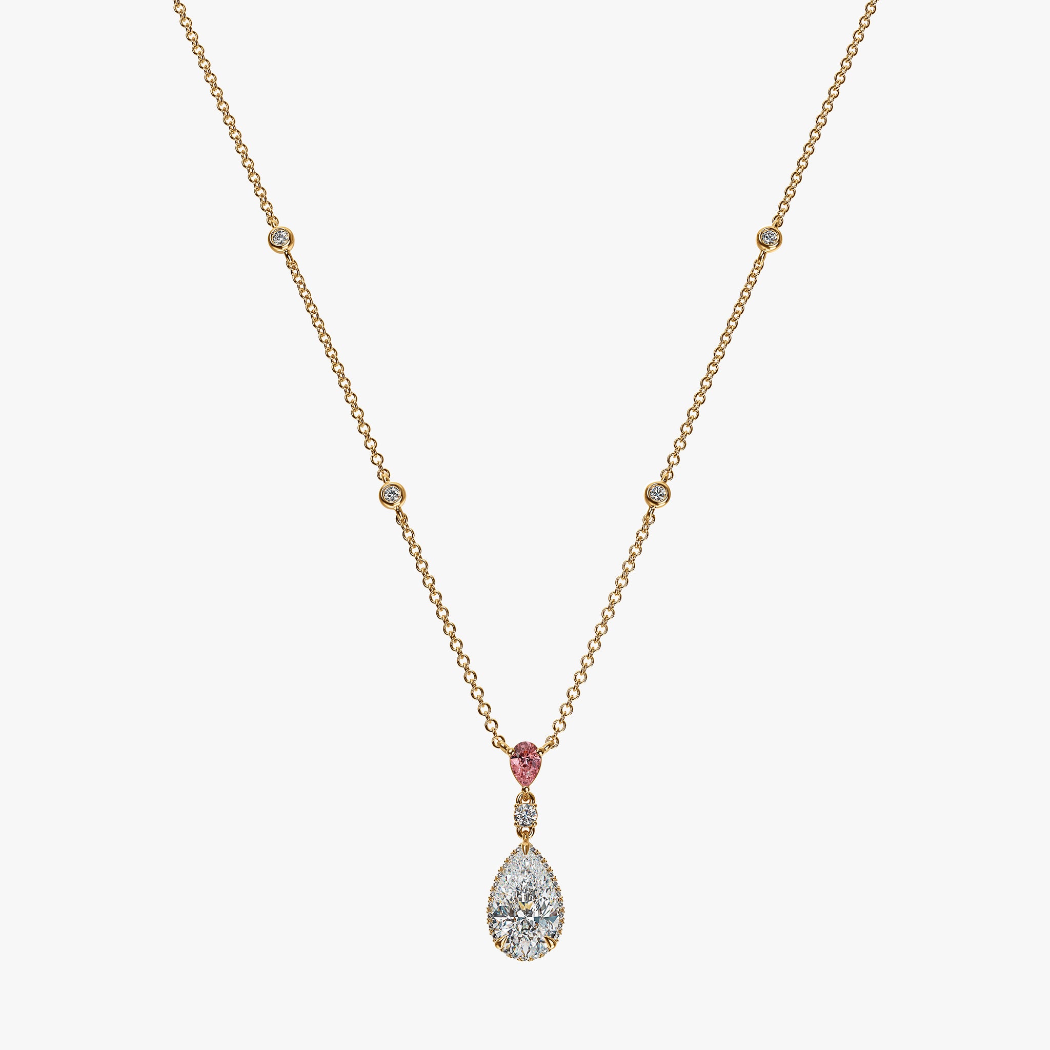 J'EVAR 18KT Yellow Gold By the Yard Invisible Halo ALTR Lab Grown Pink Pear Diamond Necklace Front View