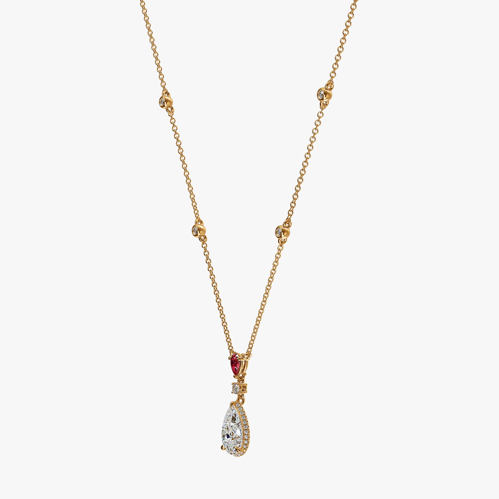 J'EVAR 18KT Yellow Gold By the Yard Invisible Halo ALTR Lab Grown Pink Pear Diamond Necklace Side Perspective View