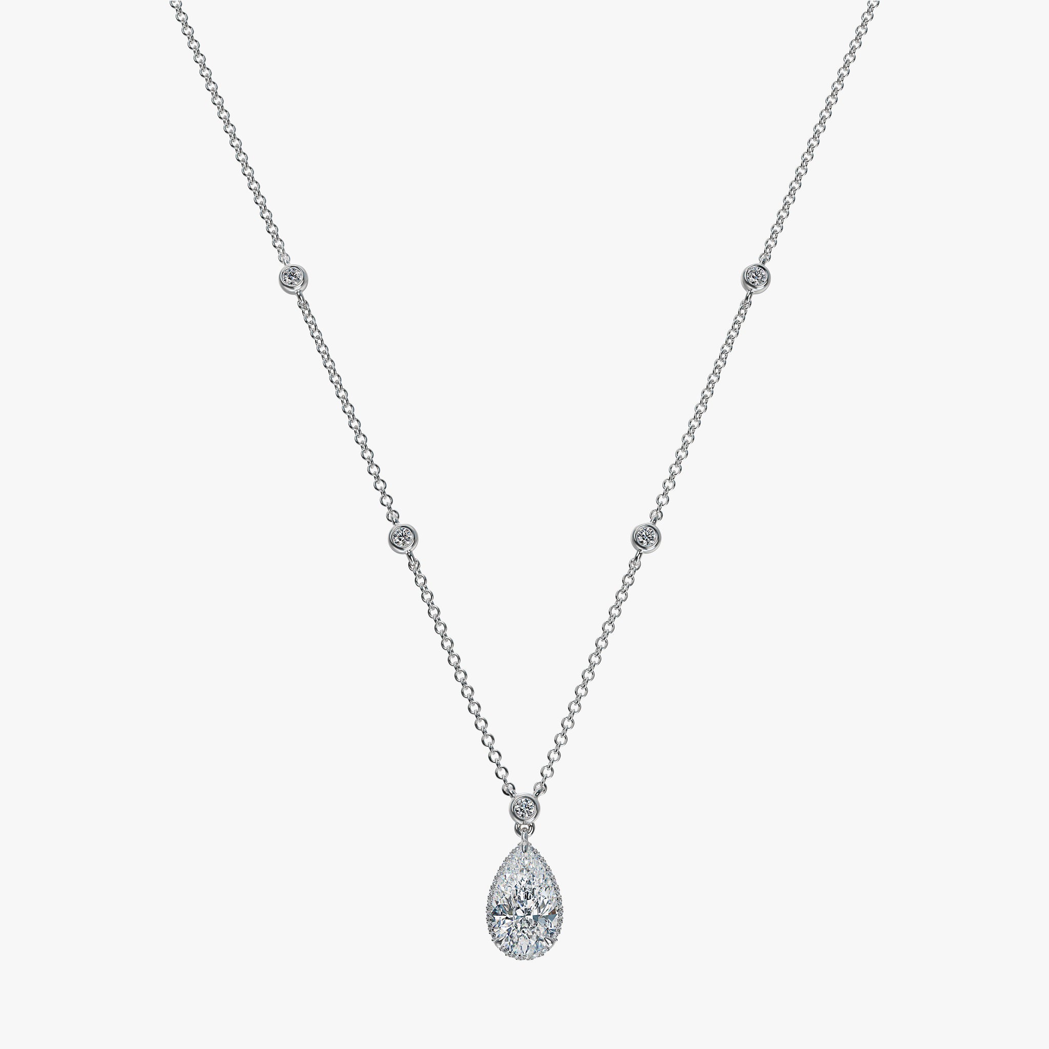 J'EVAR 18KT White Gold By the Yard Invisible Halo ALTR Lab Grown Pear Diamond Necklace Front View