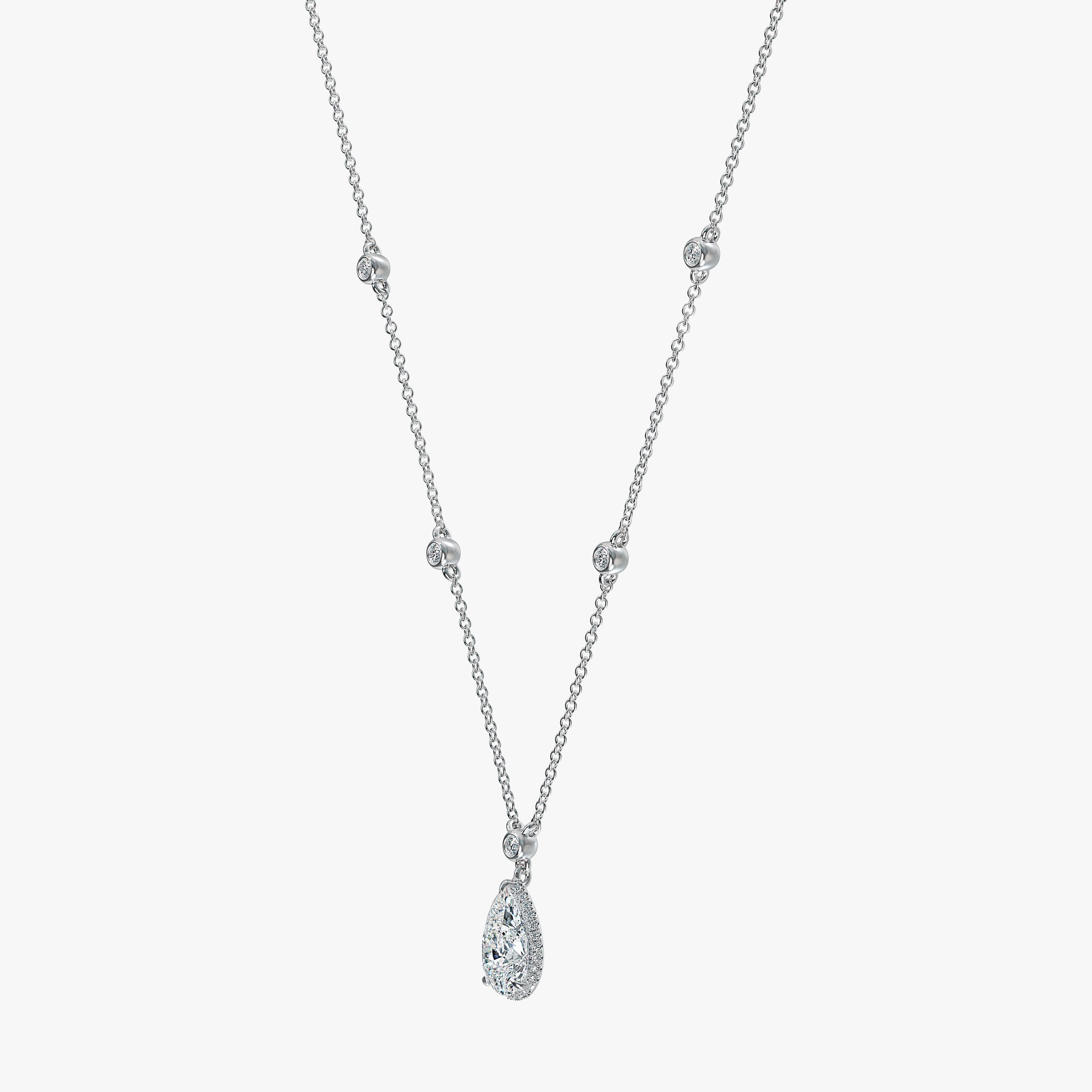 J'EVAR 18KT White Gold By the Yard Invisible Halo ALTR Lab Grown Pear Diamond Necklace Side Perspective View