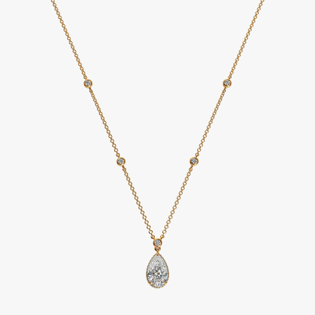 J'EVAR 18KT Yellow Gold By the Yard Invisible Halo ALTR Lab Grown Pear Diamond Necklace Front View | 1.70 CT