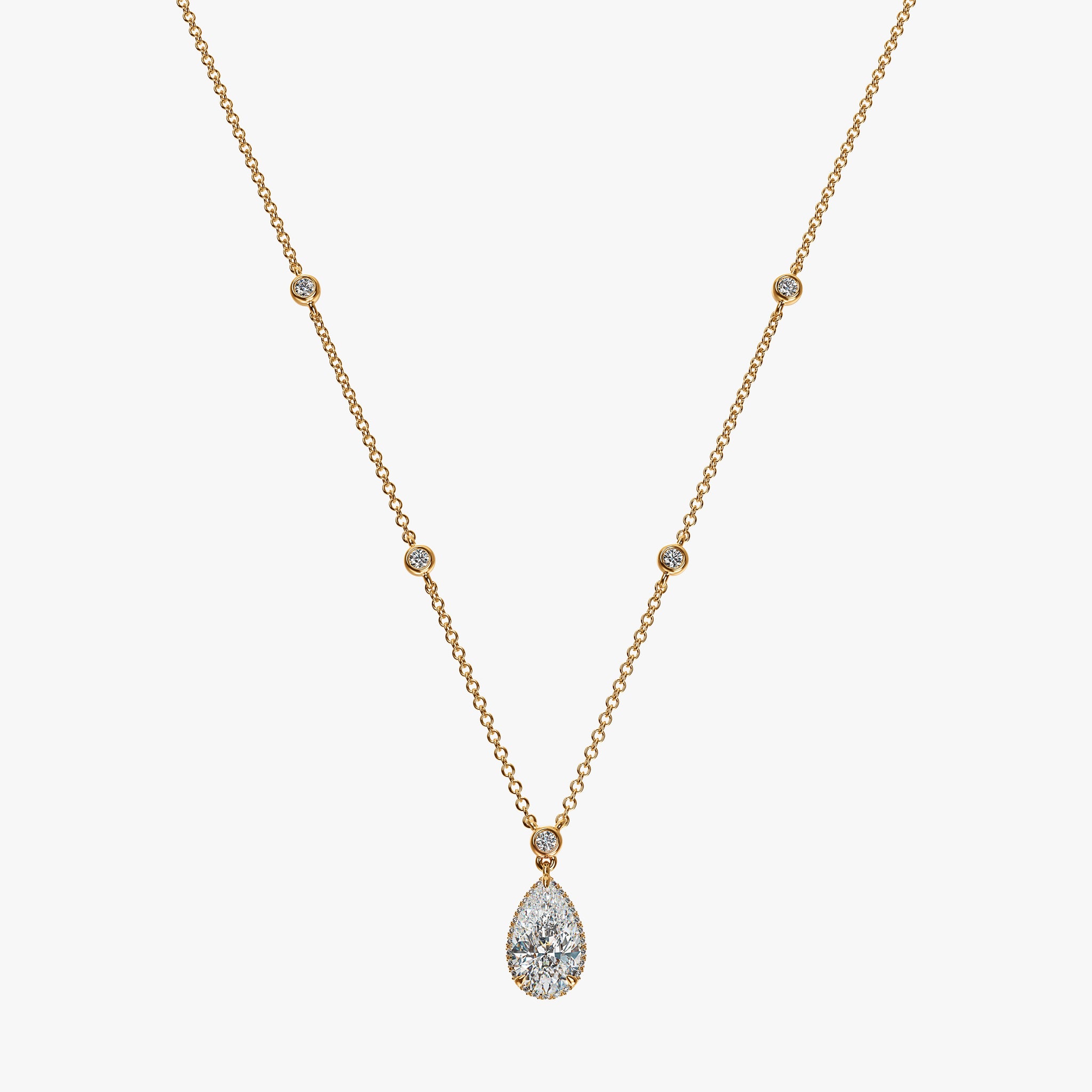 J'EVAR 18KT Yellow Gold By the Yard Invisible Halo ALTR Lab Grown Pear Diamond Necklace Front View