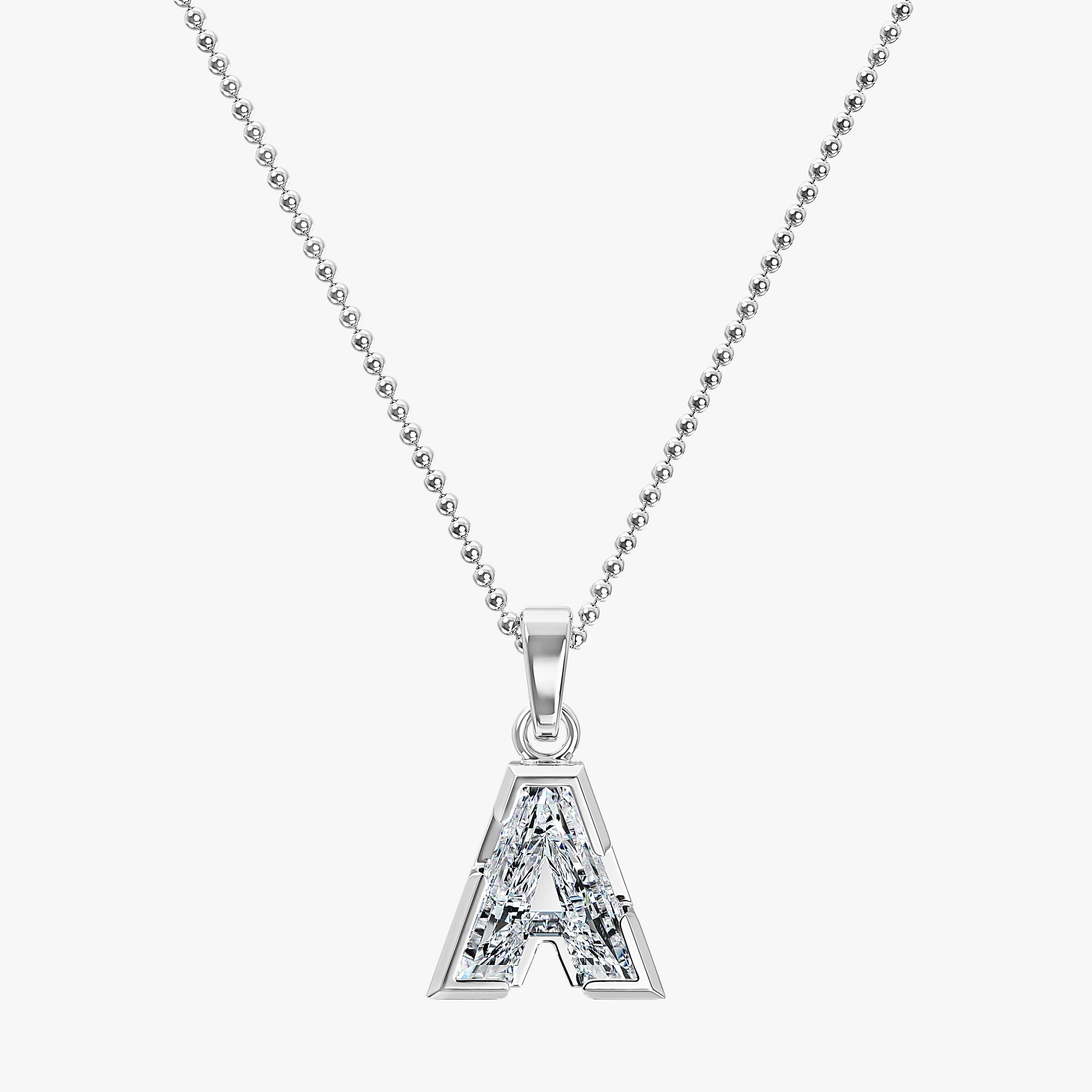 TYPE by J'EVAR 7MM LETTER A SOLITAIRE DIAMOND INITIAL PENDANT 18K White Gold ALTR Lab Grown Diamond Front View | 18 IN CHAIN / A