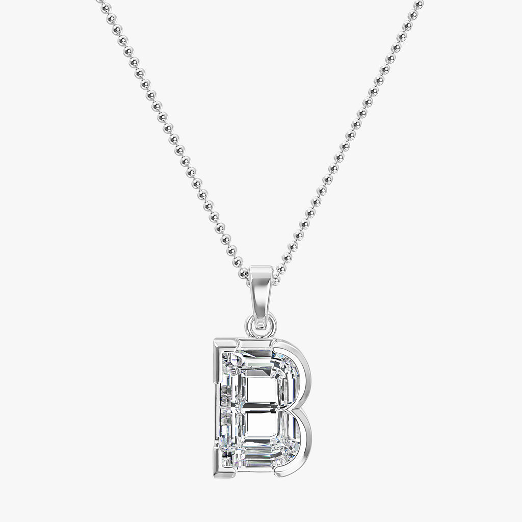 TYPE by J'EVAR 9MM B SOLITAIRE DIAMOND INITIAL PENDANT 18K White Gold ALTR Lab Grown Diamond Front View | 18 IN CHAIN / B