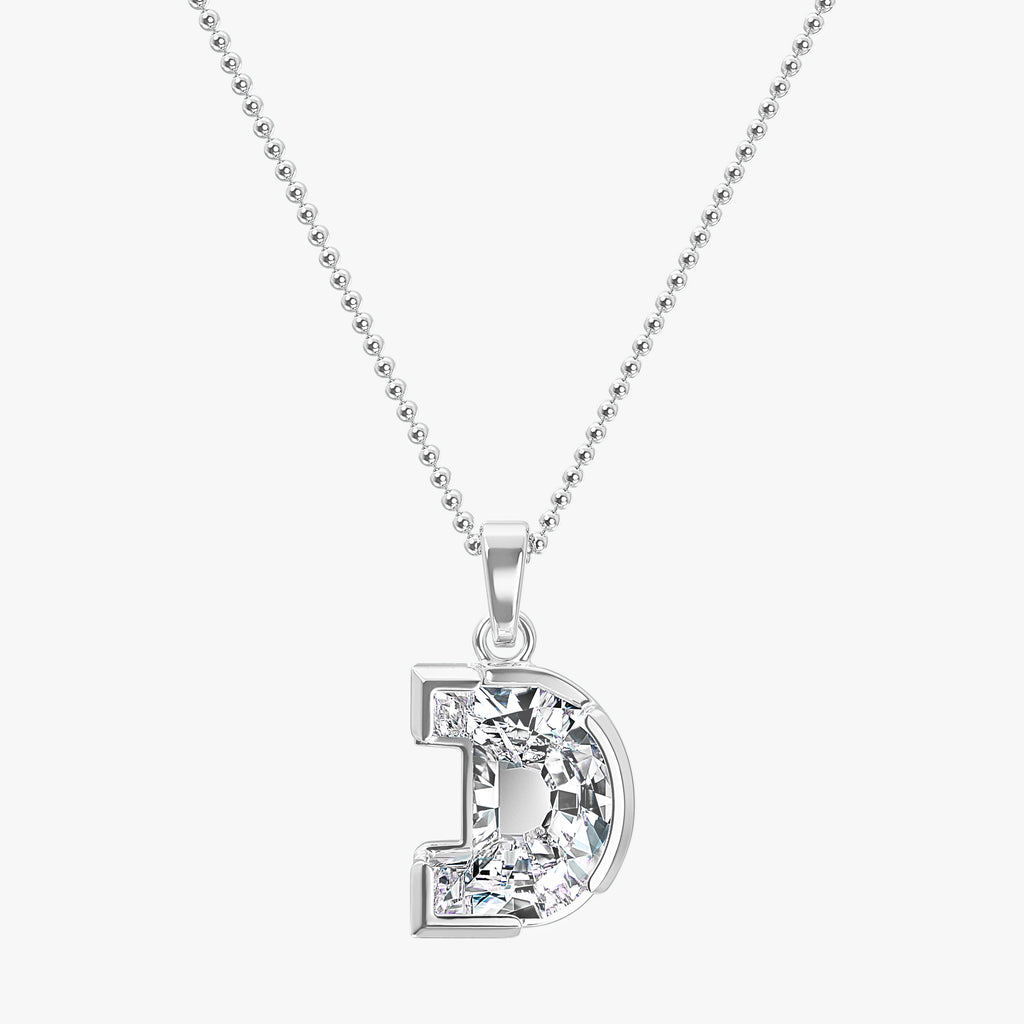 TYPE by J'EVAR 9MM D SOLITAIRE DIAMOND INITIAL PENDANT 18K White Gold ALTR Lab Grown Diamond Front View | 18 IN CHAIN / D