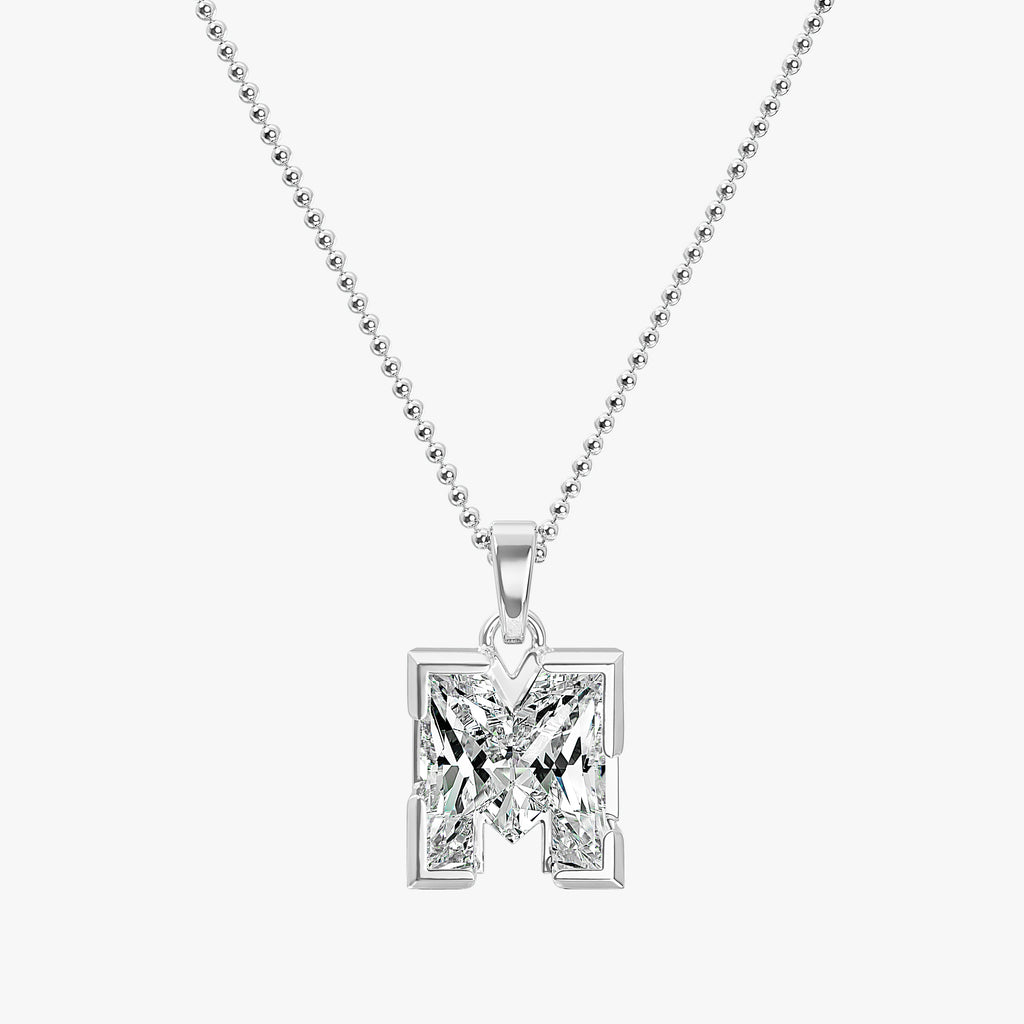 TYPE by J'EVAR 7MM LETTER M SOLITAIRE DIAMOND INITIAL PENDANT 18K White Gold ALTR Lab Grown Diamond Front View | 18 IN CHAIN / M
