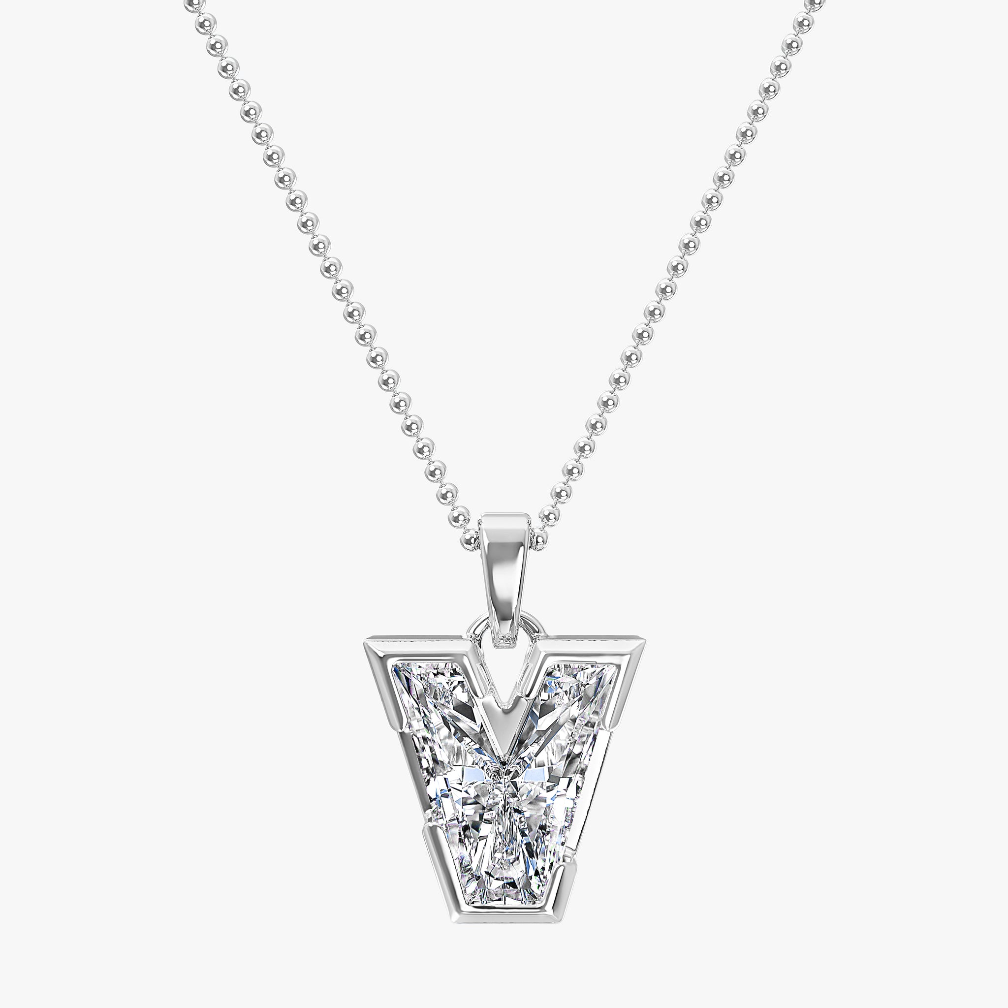 TYPE by J'EVAR 9MM V SOLITAIRE DIAMOND INITIAL PENDANT 18K White Gold ALTR Lab Grown Diamond Front View