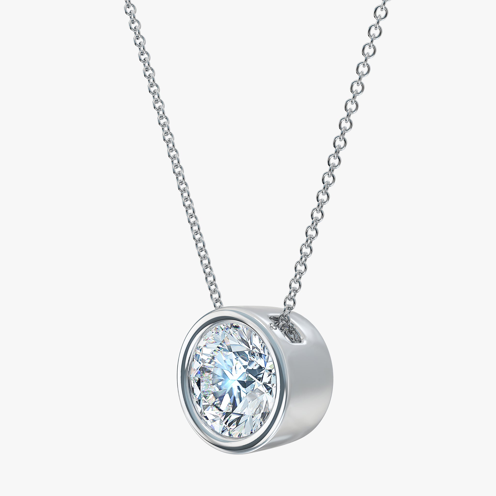 J'EVAR 14KT White Gold Solitaire Diamond Necklace ALTR Lab Grown Bezel Solitaire Diamond Necklace Side Perpective View