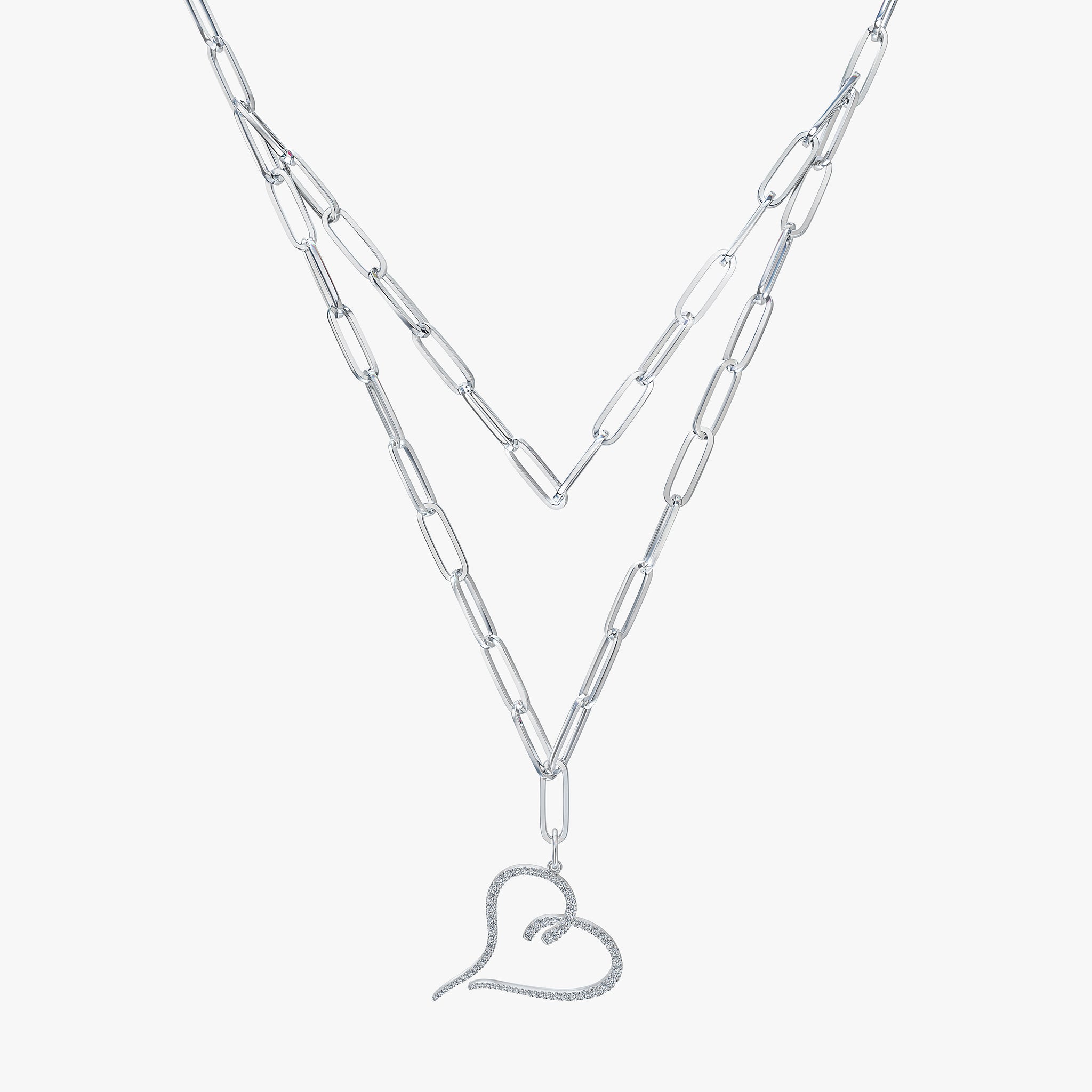 J'EVAR 14KT White Gold Two Row Paperclip Heart ALTR Lab Grown Diamond Necklace Front View