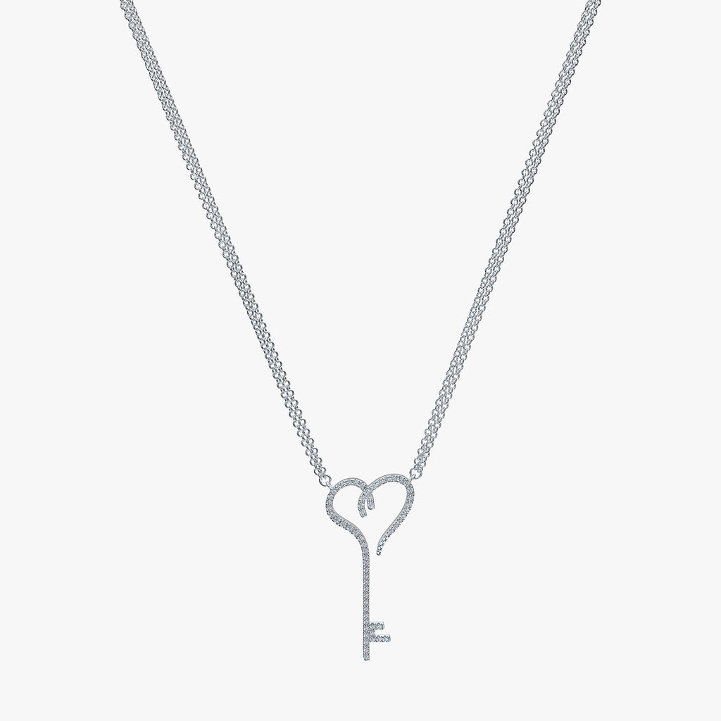 J'EVAR Sterling Silver Heart Key ALTR Lab Grown Diamond Necklace Front View | 0.20 CT