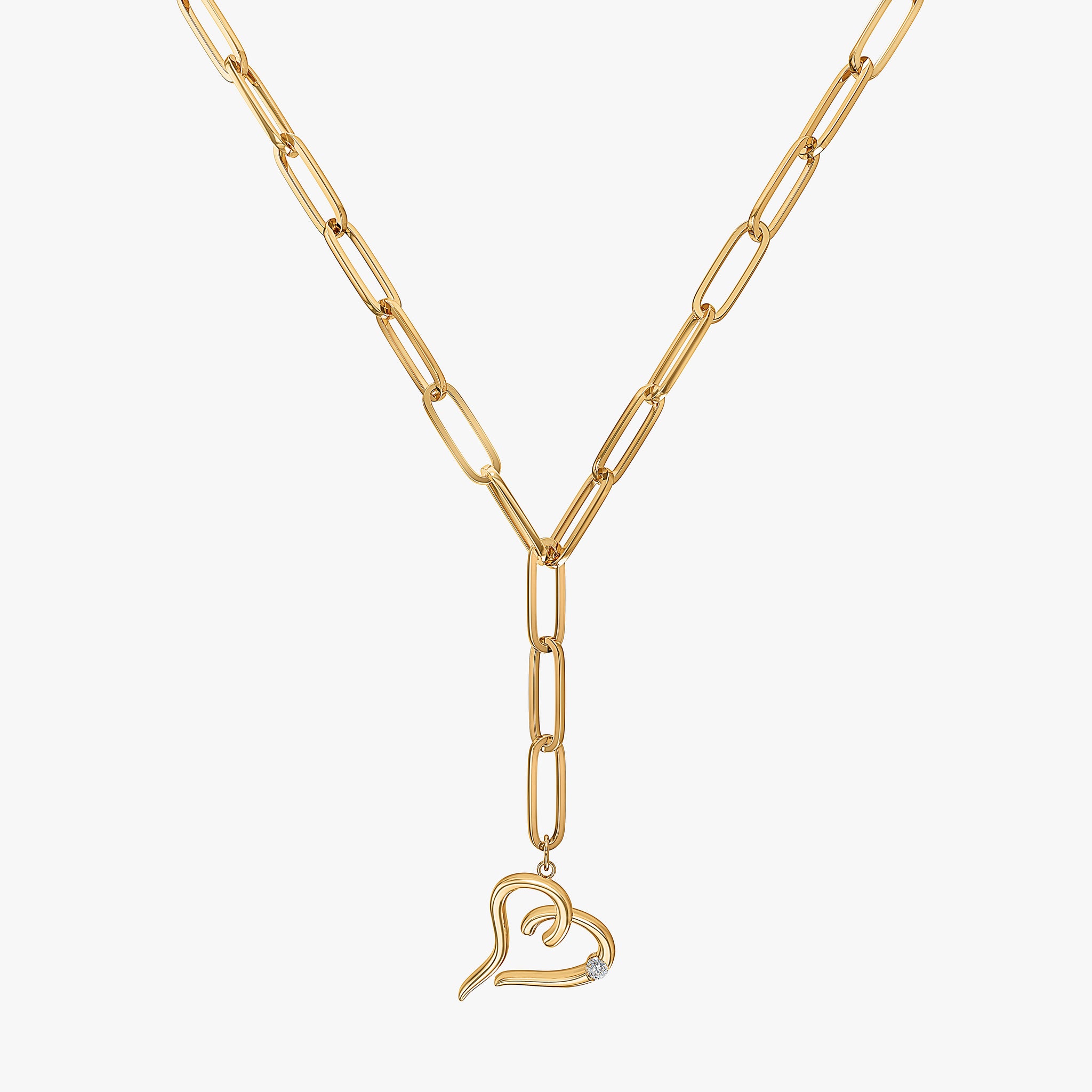 J'EVAR 14KT Yellow Gold Paperclip Lariat Heart ALTR Lab Grown Diamond Necklace Front View