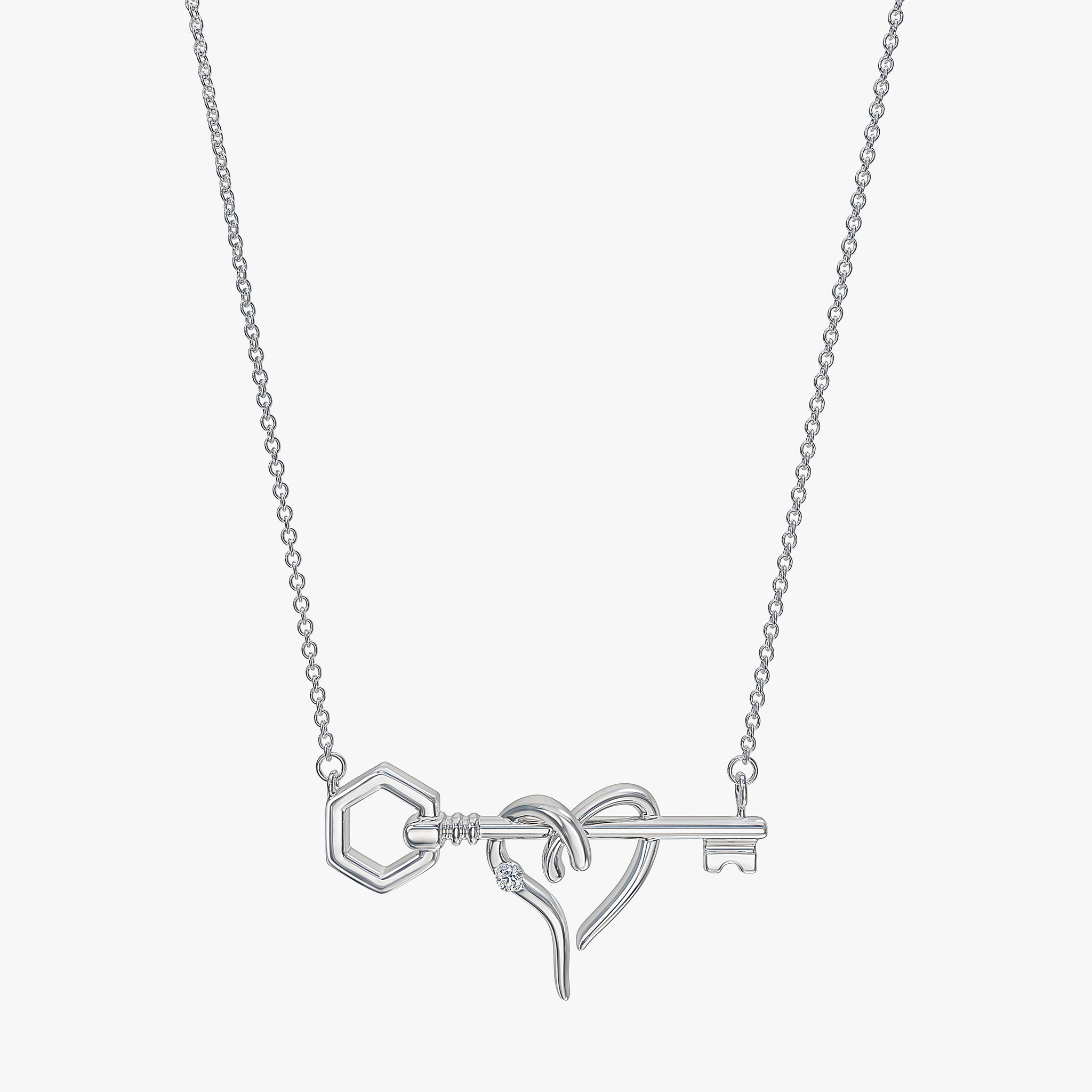 Black & White Diamond Heart Lock & Key Necklace in Sterling Silver