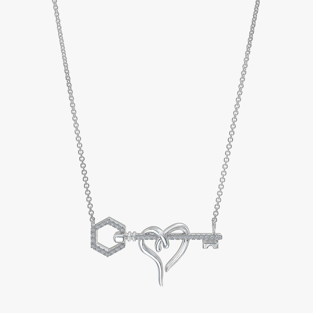 J'EVAR 14KT White Gold Heart & Hexagon Key ALTR Lab Grown Diamond Necklace Front View | 0.12 CT
