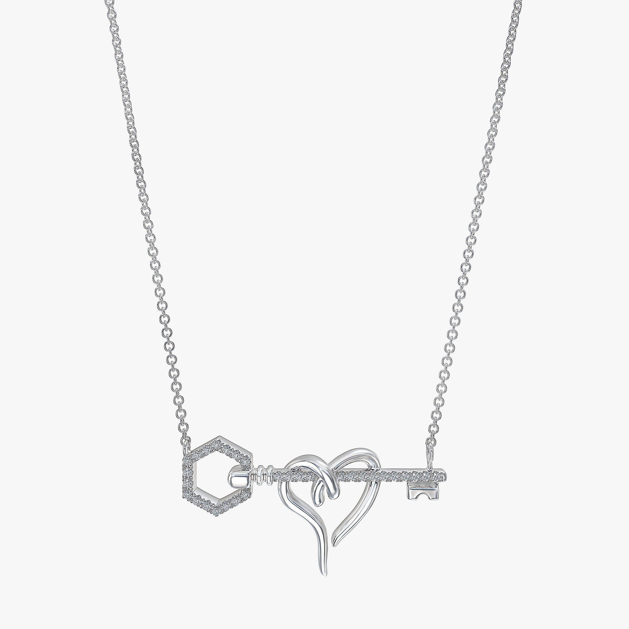 J'EVAR 14KT White Gold Heart & Hexagon Key ALTR Lab Grown Diamond Necklace Front View