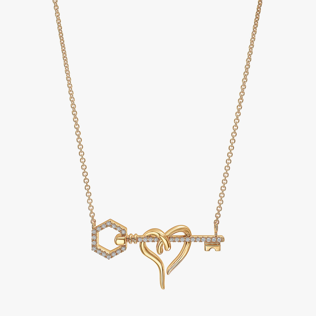 J'EVAR 14KT Yellow Gold Heart & Hexagon Key ALTR Lab Grown Diamond Necklace Front View | 0.12 CT