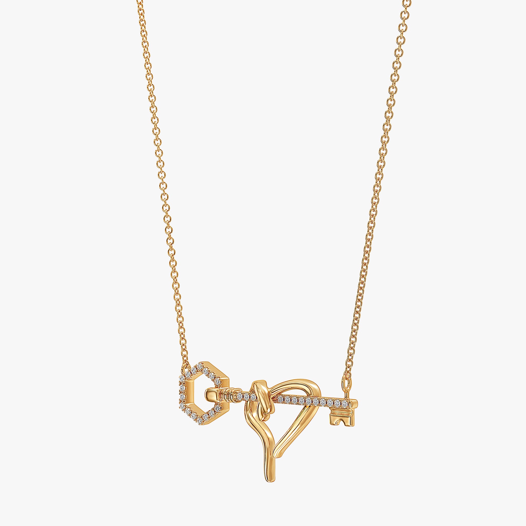 J'EVAR 14KT Yellow Gold Heart & Hexagon Key ALTR Lab Grown Diamond Necklace Lock View