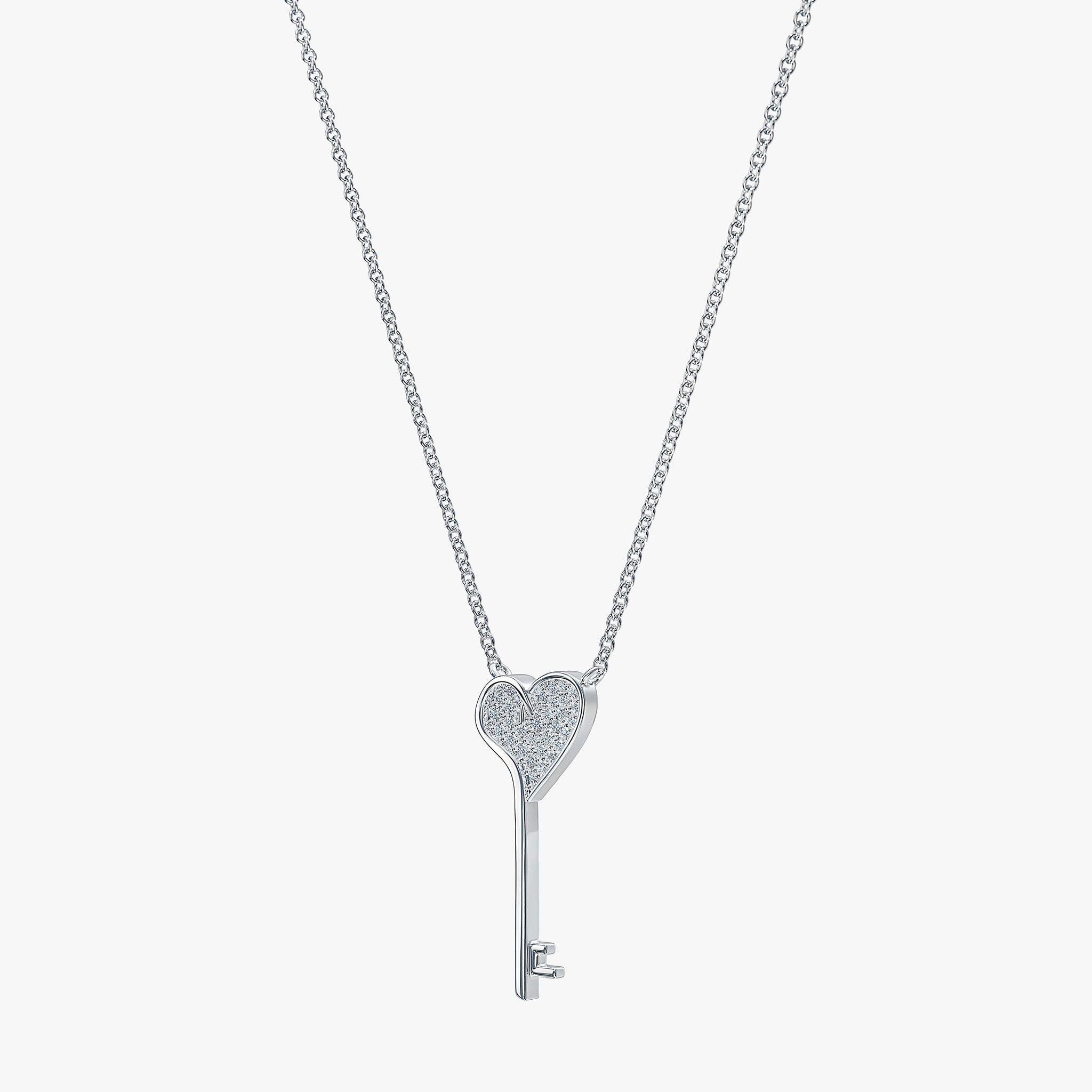 J'EVAR 14KT White Gold Heart Key ALTR Lab Grown Diamond Necklace Perspective View | 0.10 CT