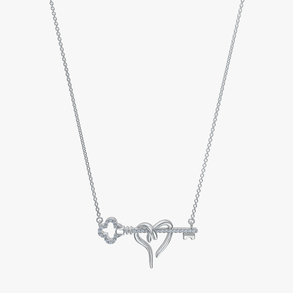 J'EVAR 14KT White Gold Clover Heart & Key ALTR Lab Grown Diamond Necklace Front View | 0.10 CT