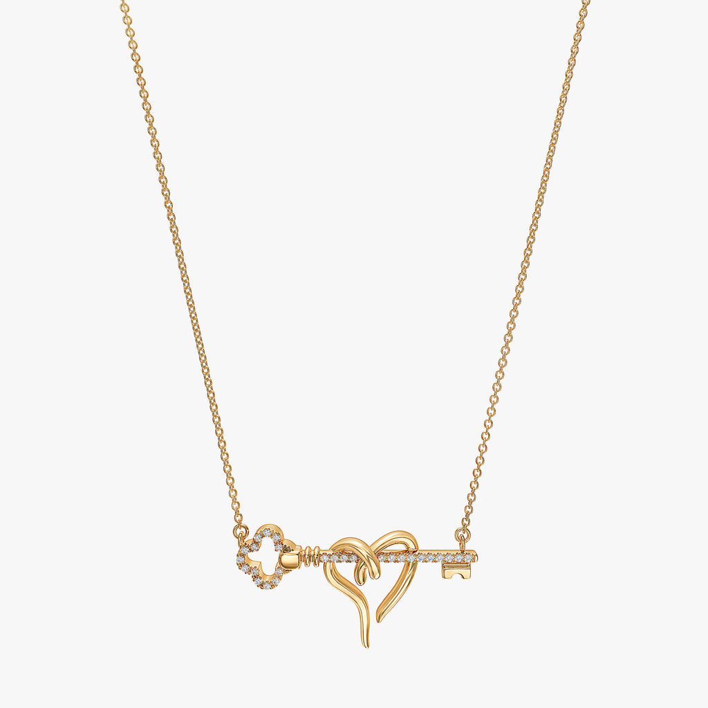 J'EVAR 14KT Yellow Gold Clover Heart & Key ALTR Lab Grown Diamond Necklace Front View | 0.10 CT